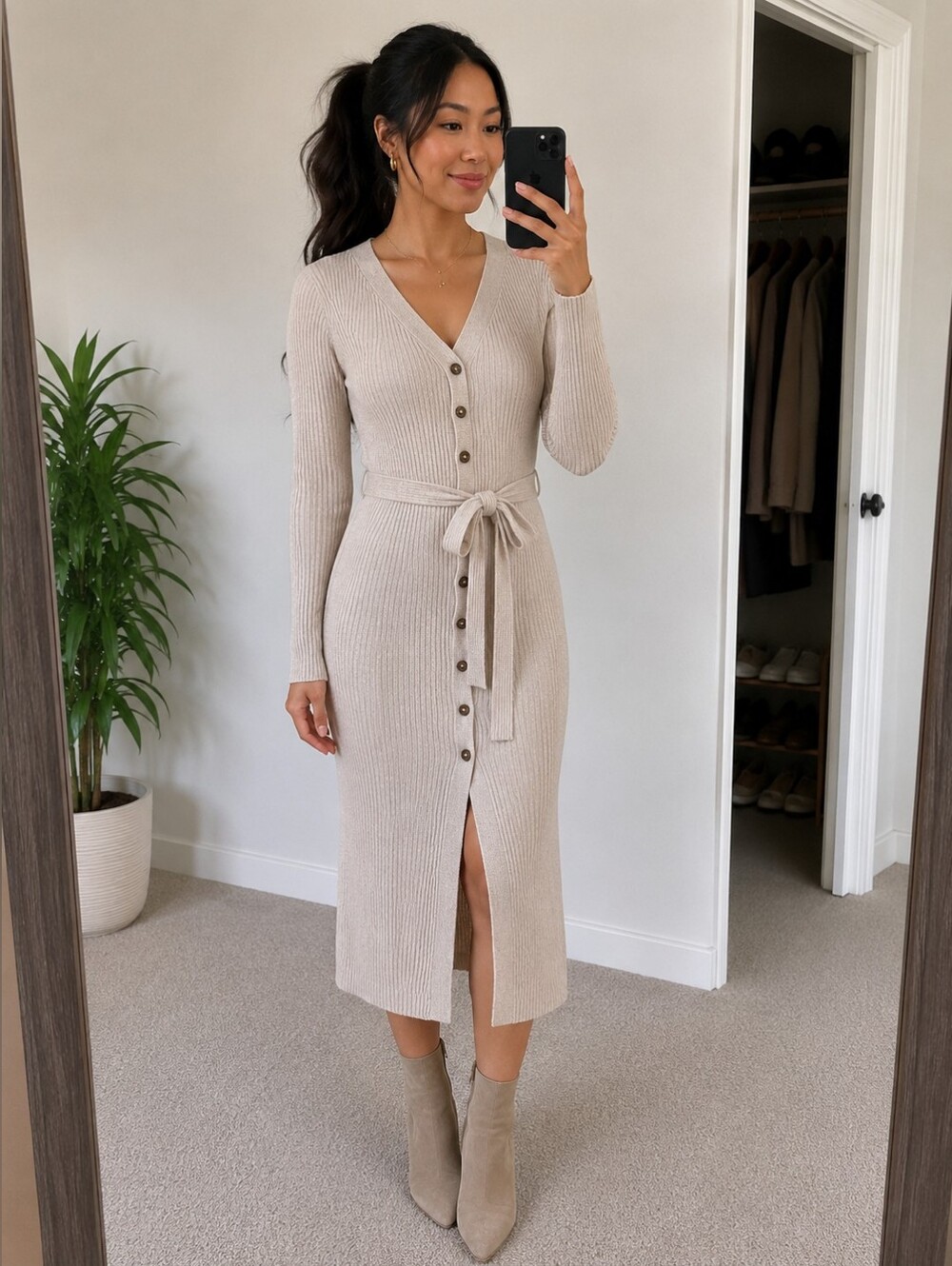 Pink Rose Ribbed Knit Midi Dress – XS